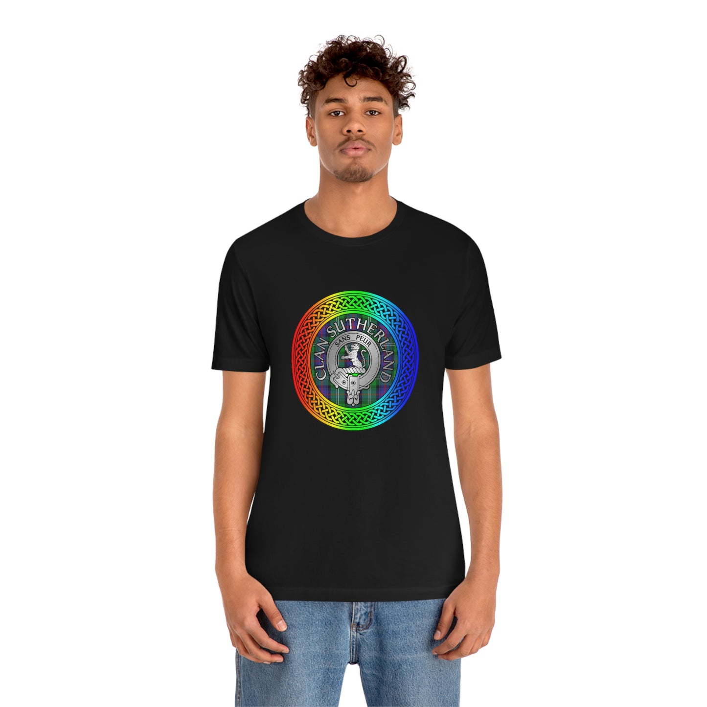 Clan Sutherland Crest & Tartan in Rainbow Knot T-Shirt