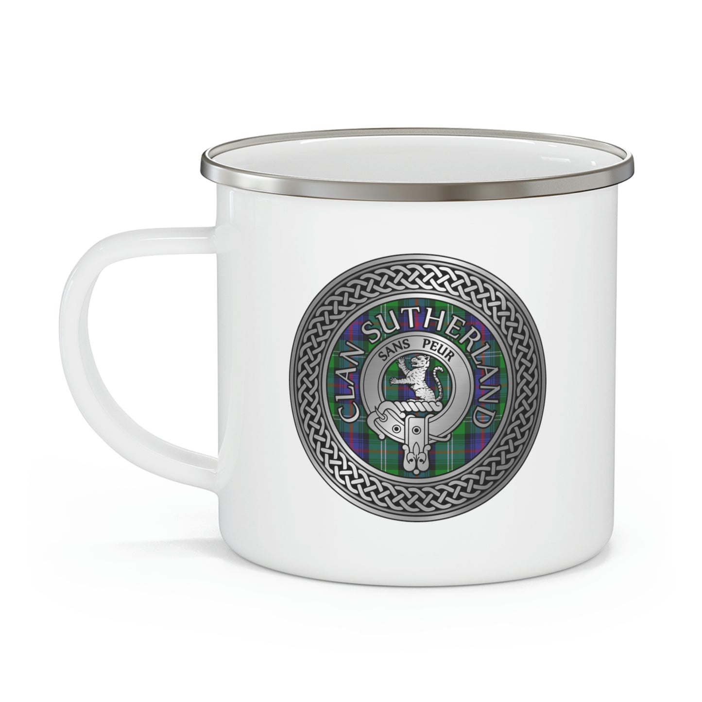 Clan Sutherland Crest & Tartan Knot Enamel Camping Mug