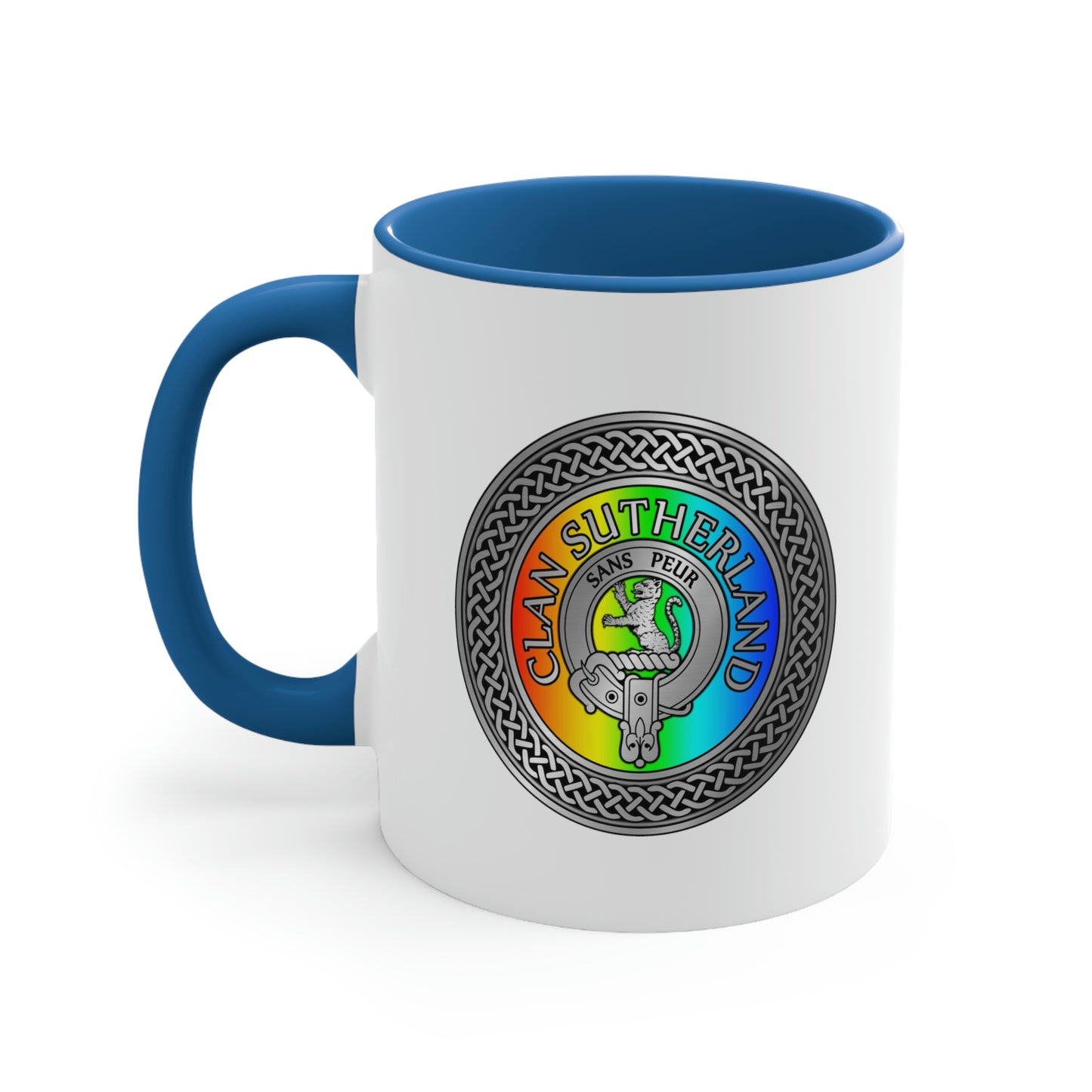 Clan Sutherland Rainbow Crest & Tartan Accent Coffee Mug, 11oz