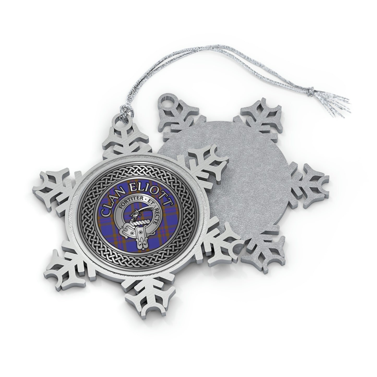 Clan Eliott Crest & Tartan Knot Pewter Snowflake Ornament