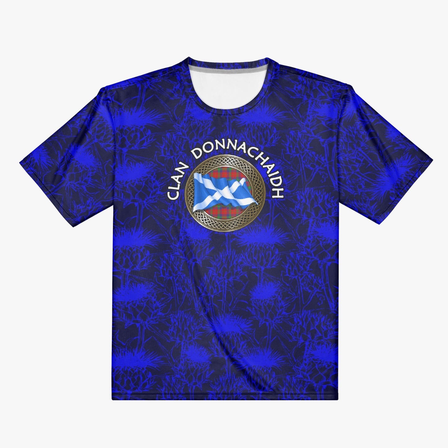 Clan Donnachaidh Tartan Knot & Flag on Scottish Thistle AOP Men T-shirt