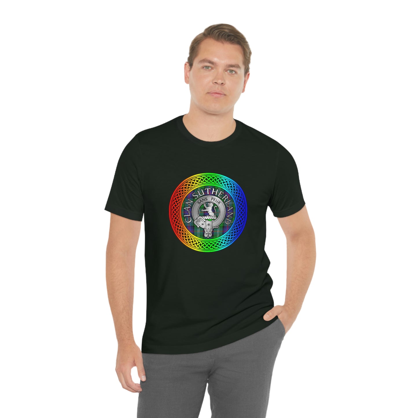 Clan Sutherland Crest & Tartan in Rainbow Knot T-Shirt