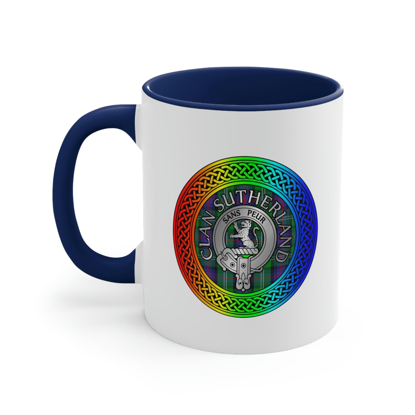 Clan Sutherland Rainbow Crest & Tartan Accent Coffee Mug, 11oz