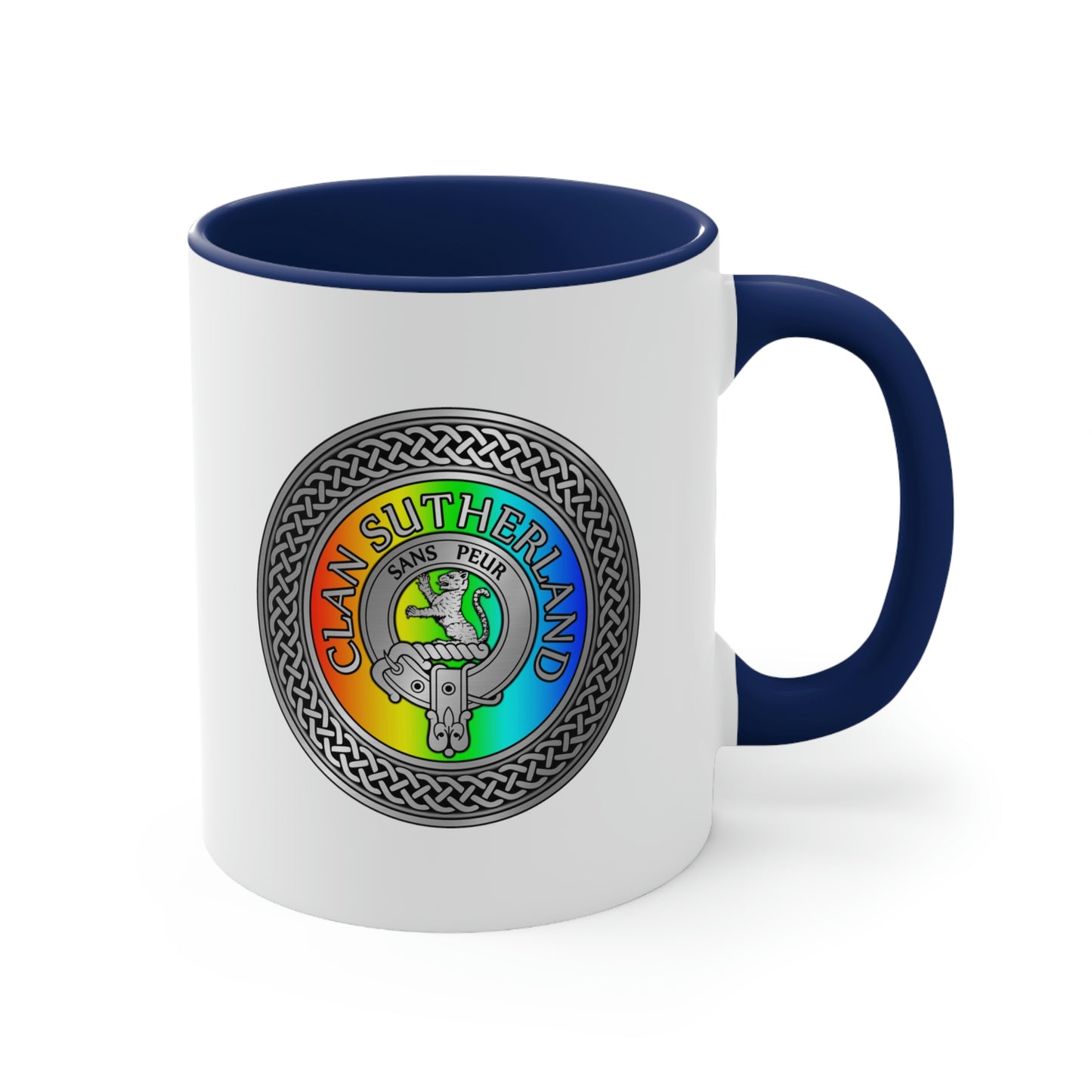 Clan Sutherland Rainbow Crest & Tartan Accent Coffee Mug, 11oz