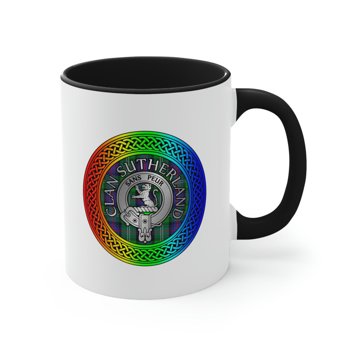 Clan Sutherland Rainbow Crest & Tartan Accent Coffee Mug, 11oz