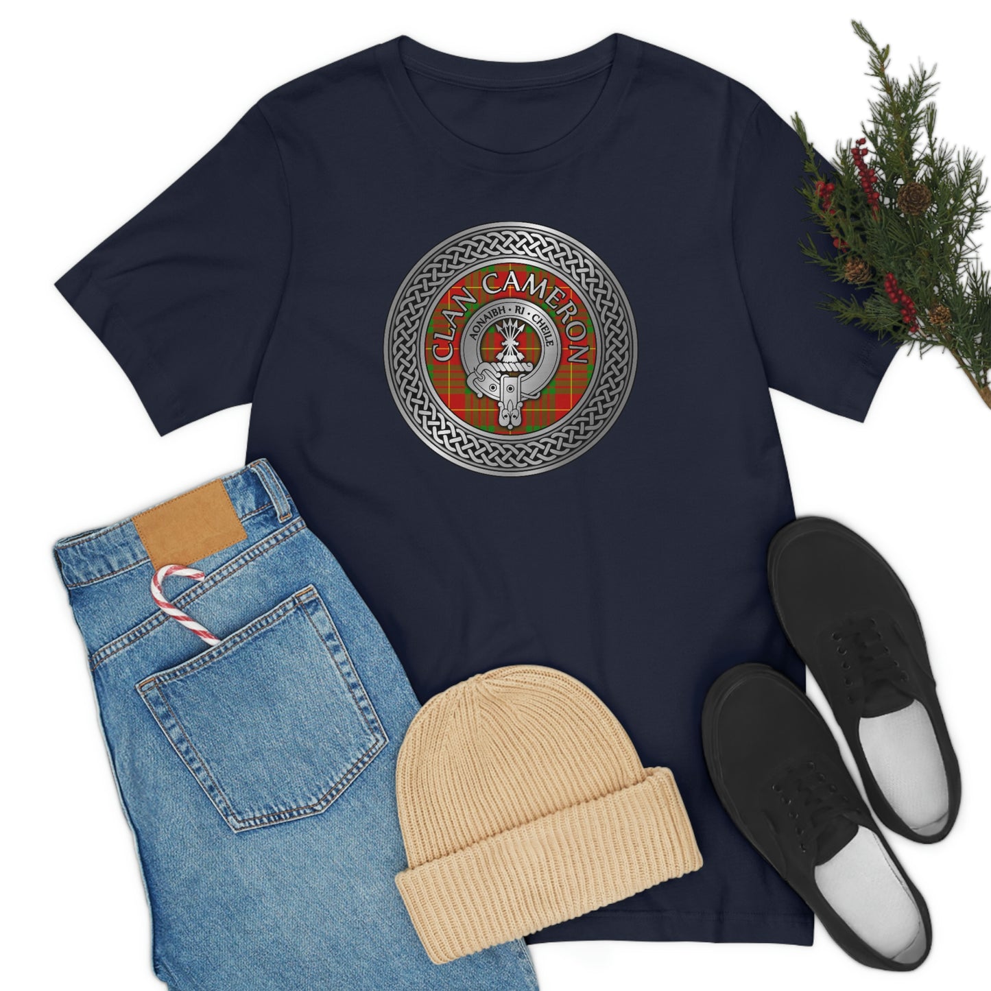 Clan Cameron Tartan & Crest in Celtic Knot T-Shirt