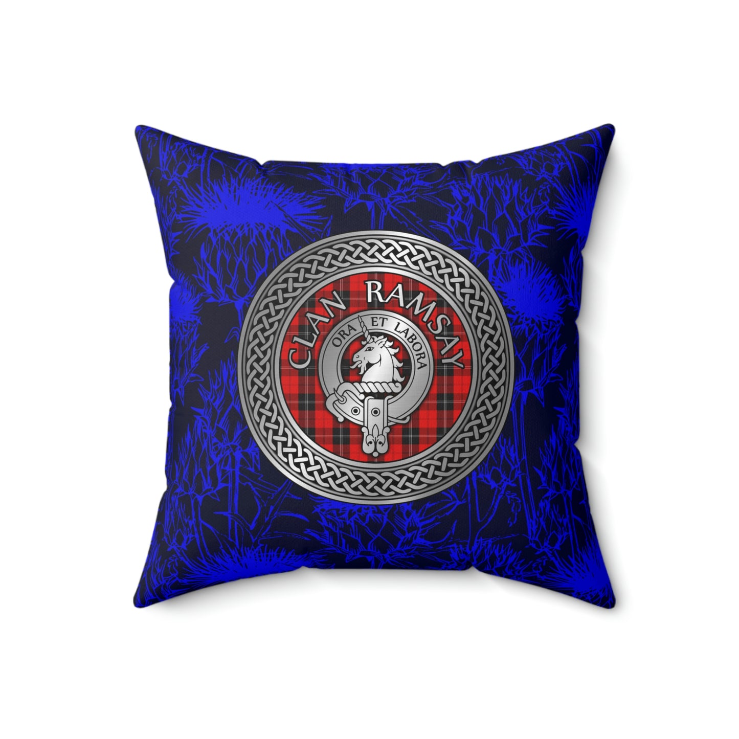 Clan Ramsay Crest & Tartan Knot Spun Polyester Square Pillow