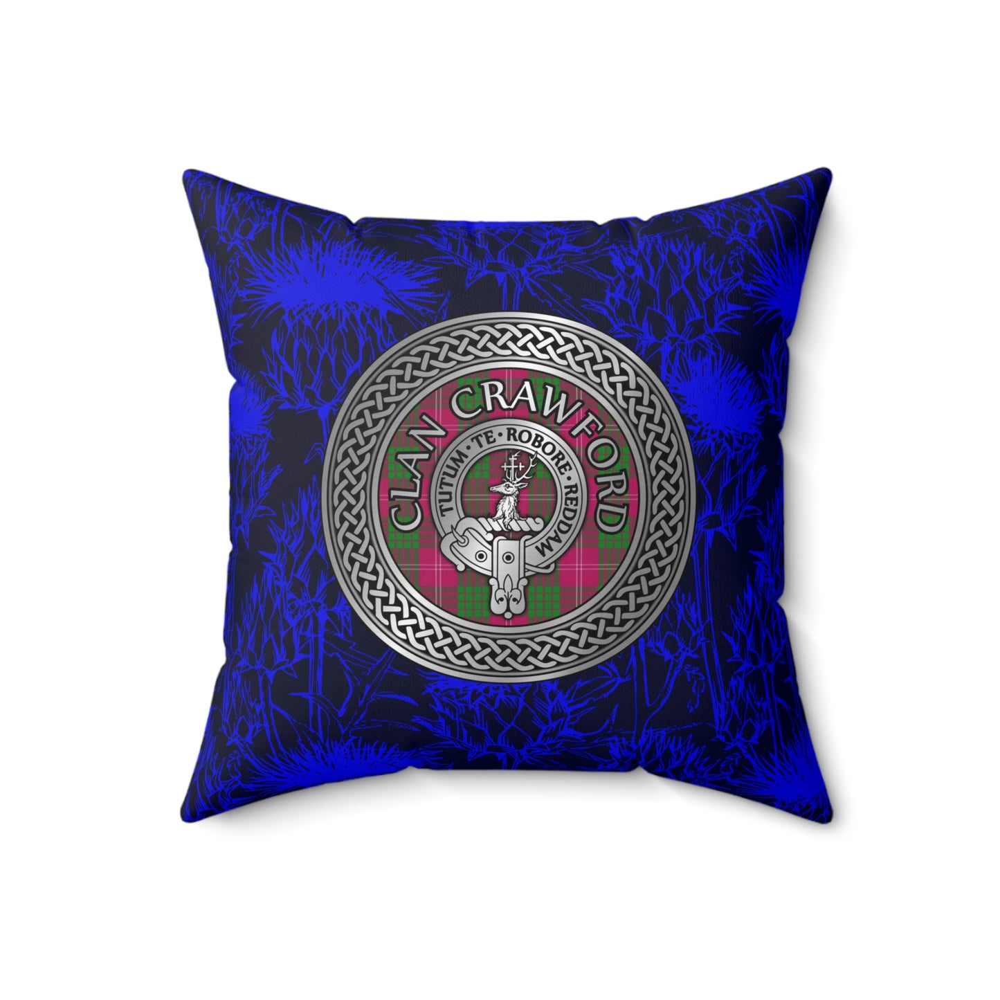 Clan Crawford Crest & Tartan Knot Spun Polyester Square Pillow