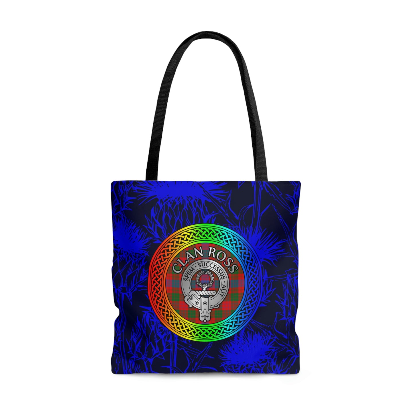 Clan Ross Crest & Tartan Rainbow Knot on Scottish Thistle AOP Tote Bag