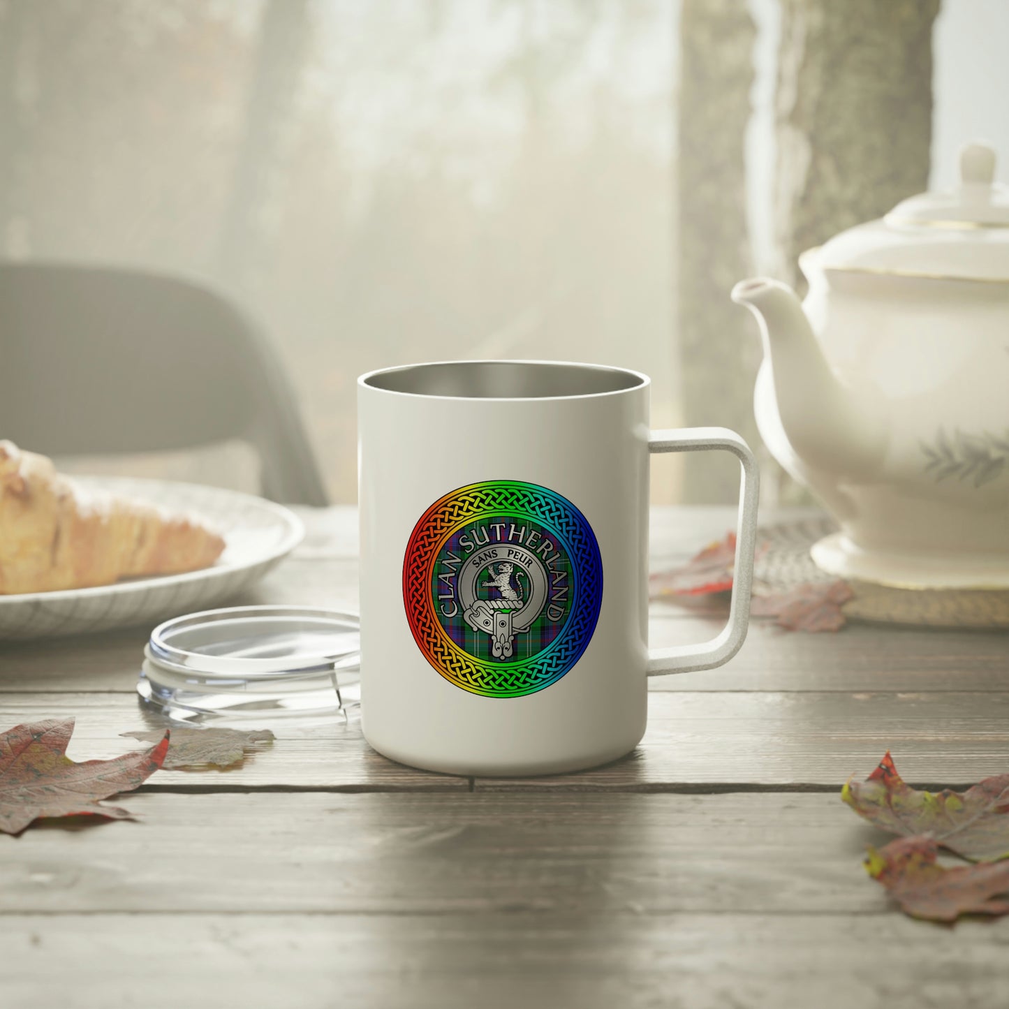 Clan Sutherland Rainbow Crest & Tartan Insulated Coffee Mug, 10oz