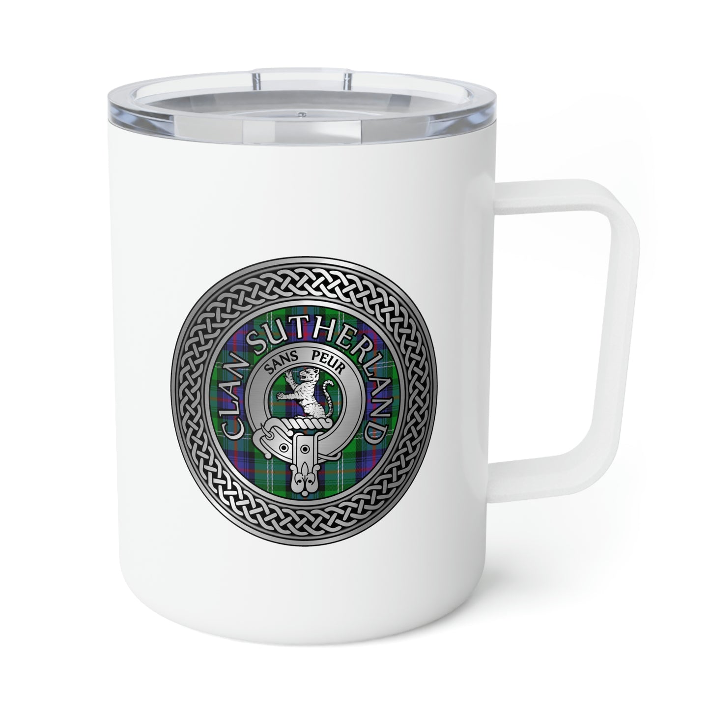 Clan Sutherland Crest & Tartan Insulated Coffee Mug, 10oz