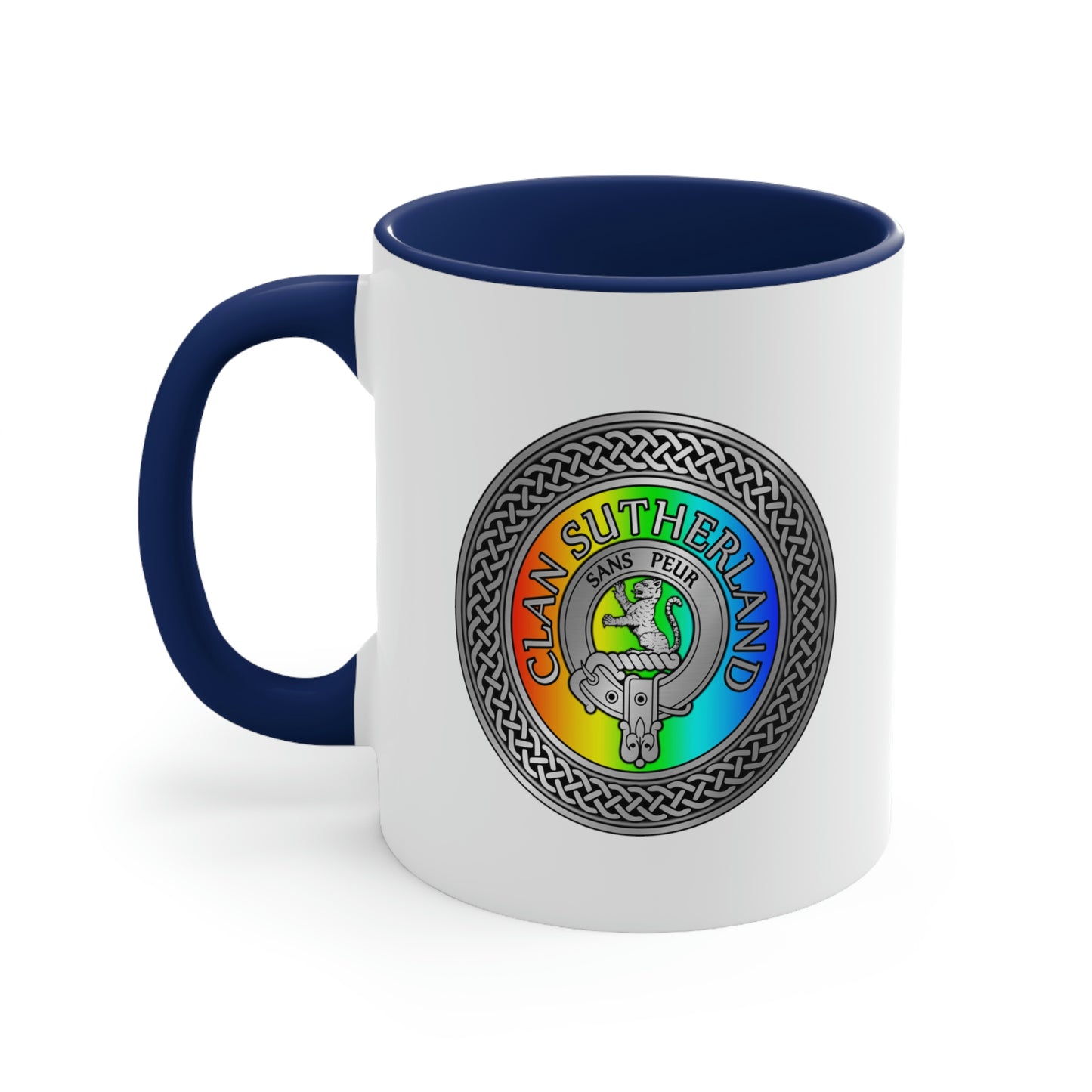 Clan Sutherland Rainbow Crest & Tartan Accent Coffee Mug, 11oz