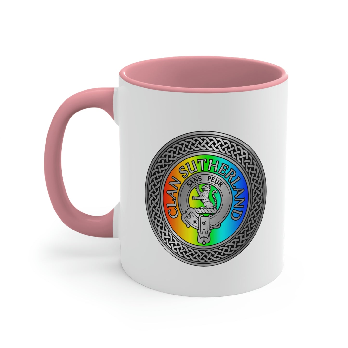 Clan Sutherland Rainbow Crest & Tartan Accent Coffee Mug, 11oz