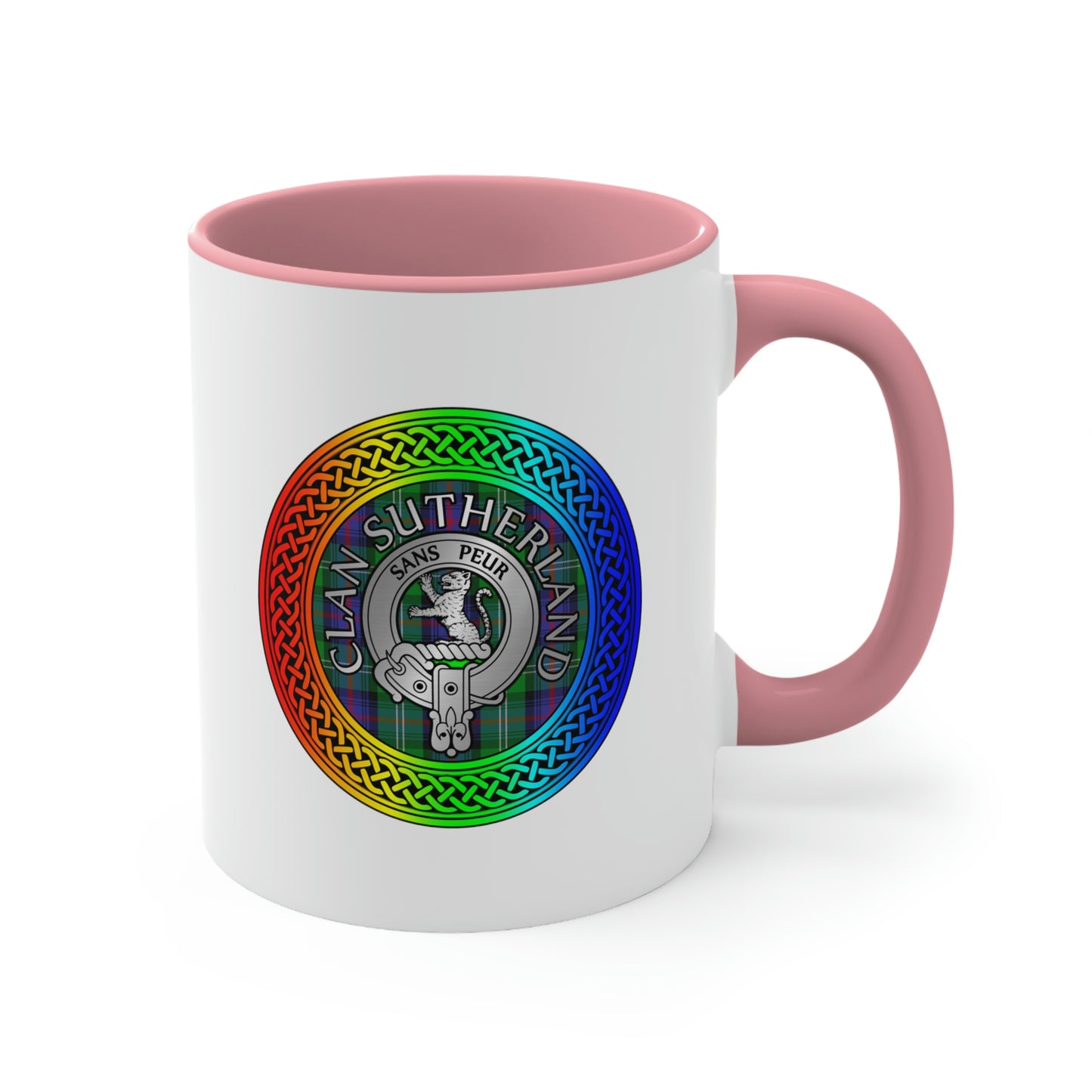 Clan Sutherland Rainbow Crest & Tartan Accent Coffee Mug, 11oz