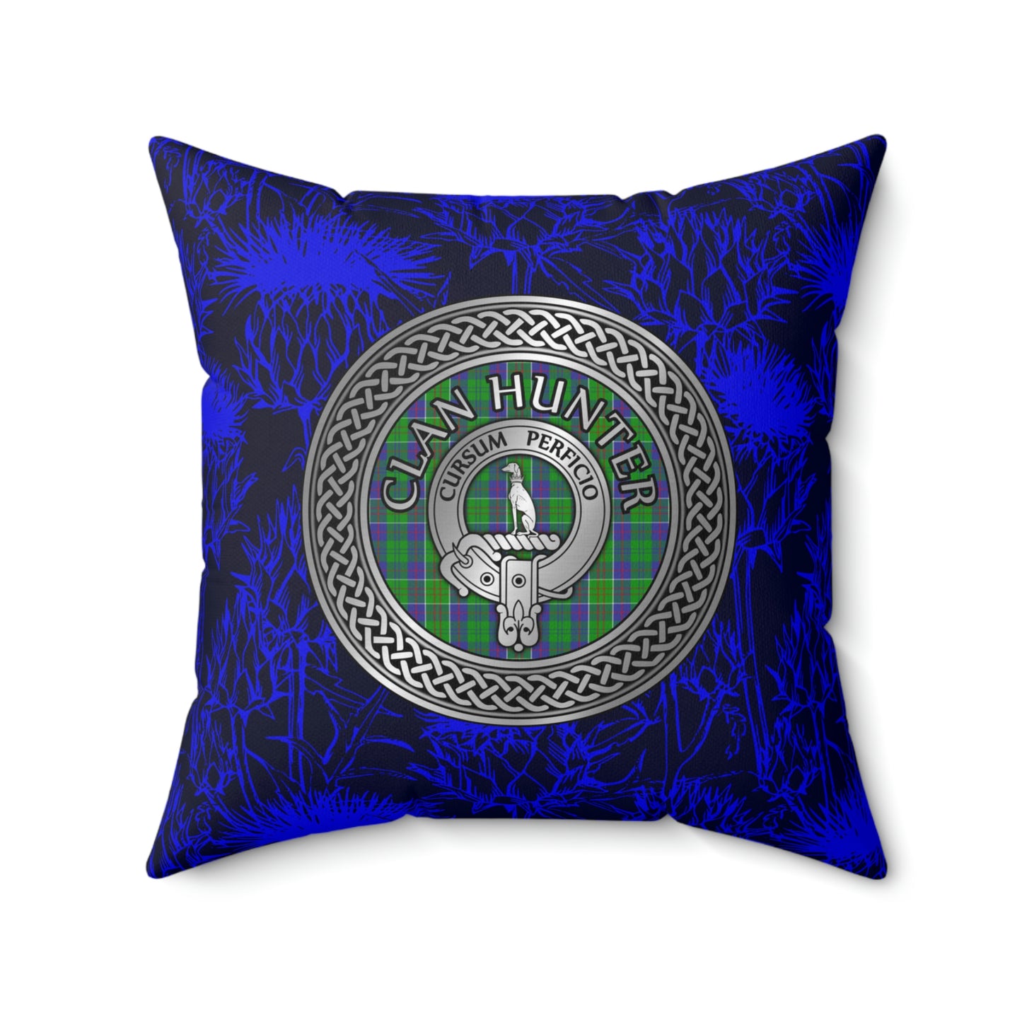 Clan Hunter Crest & Tartan Knot Spun Polyester Square Pillow