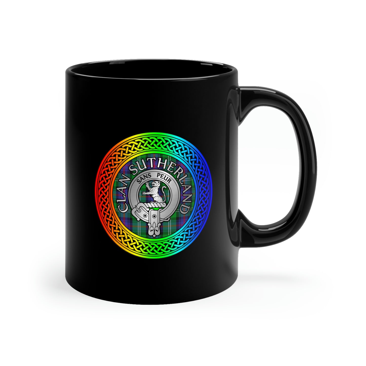 Clan Sutherland Rainbow Crest & Tartan 11oz Black Mug