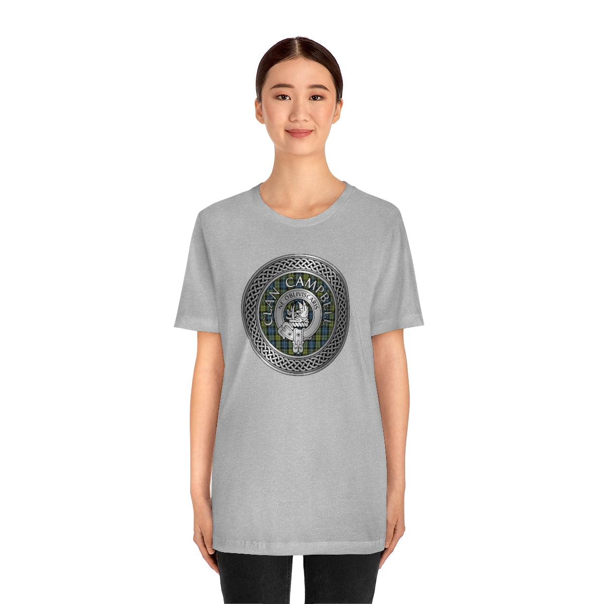 Clan Campbell Crest & Tartan in Celtic Knot T-Shirt