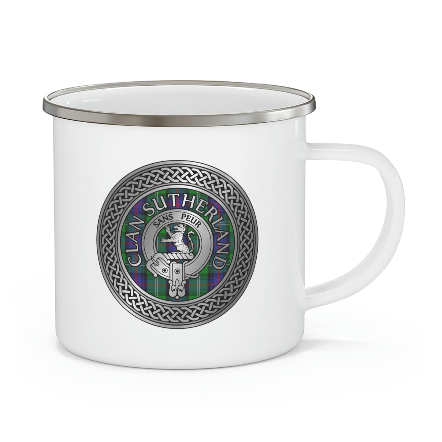 Clan Sutherland Crest & Tartan Knot Enamel Camping Mug