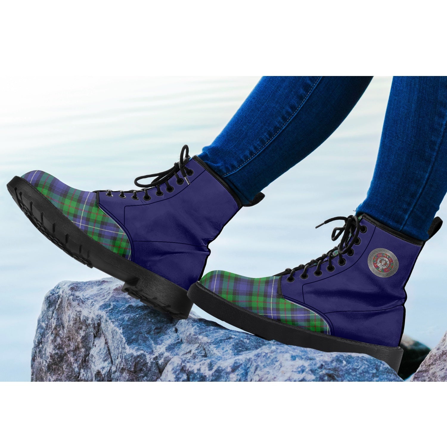 Clan Donnachaidh Crest & Hunting Tartan Leather Boot on rocks