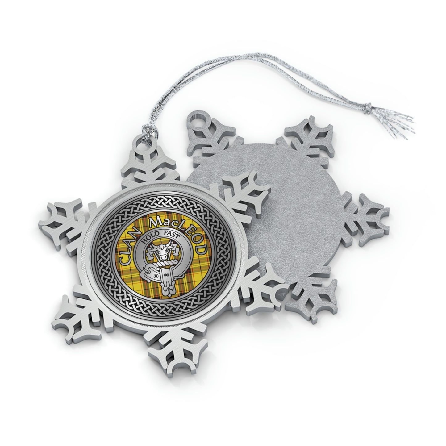 Clan MacLeod Crest & Tartan Knot Pewter Snowflake Ornament