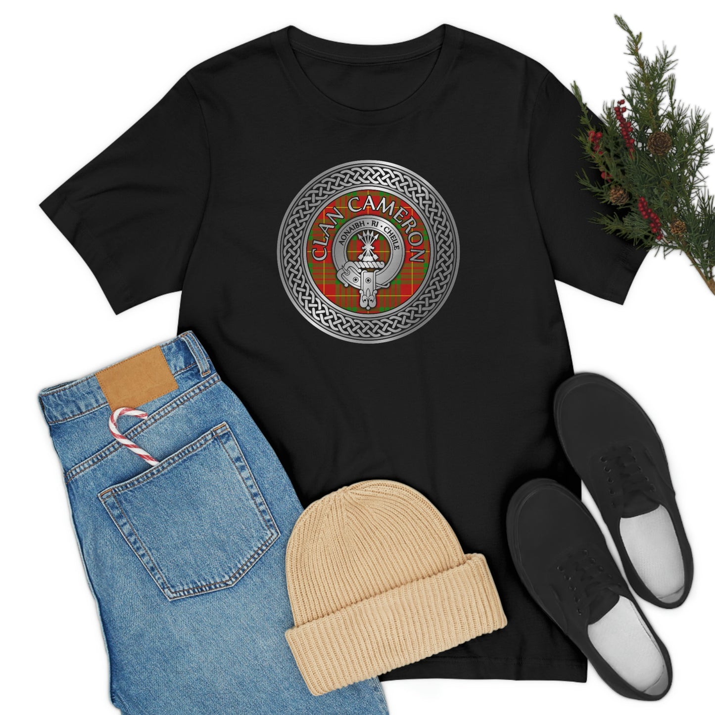 Clan Cameron Tartan & Crest in Celtic Knot T-Shirt