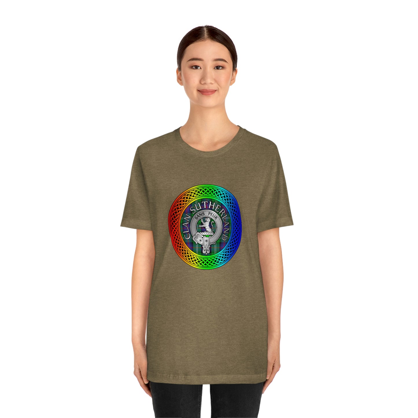 Clan Sutherland Crest & Tartan in Rainbow Knot T-Shirt