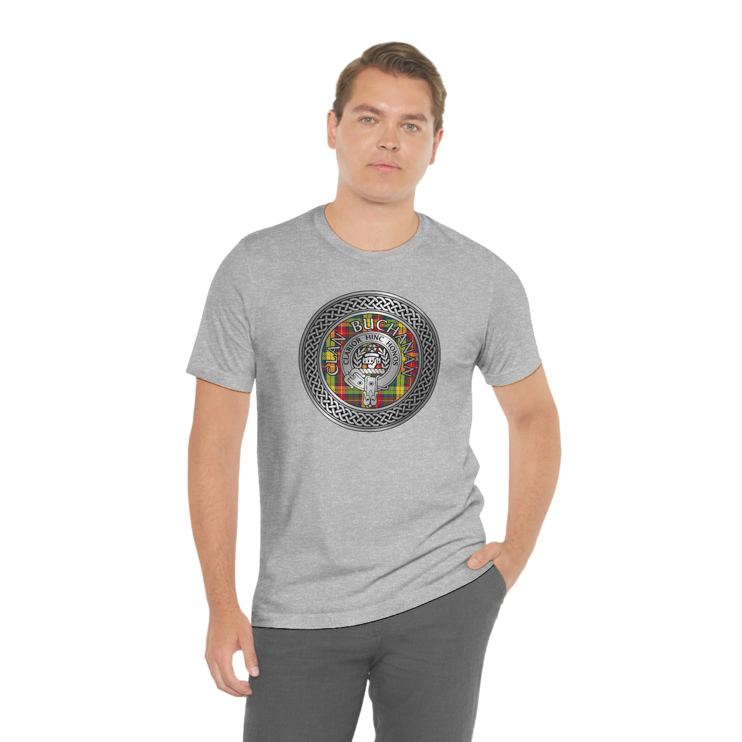 Clan Buchanan Tartan & Crest in Celtic Knot T-Shirt