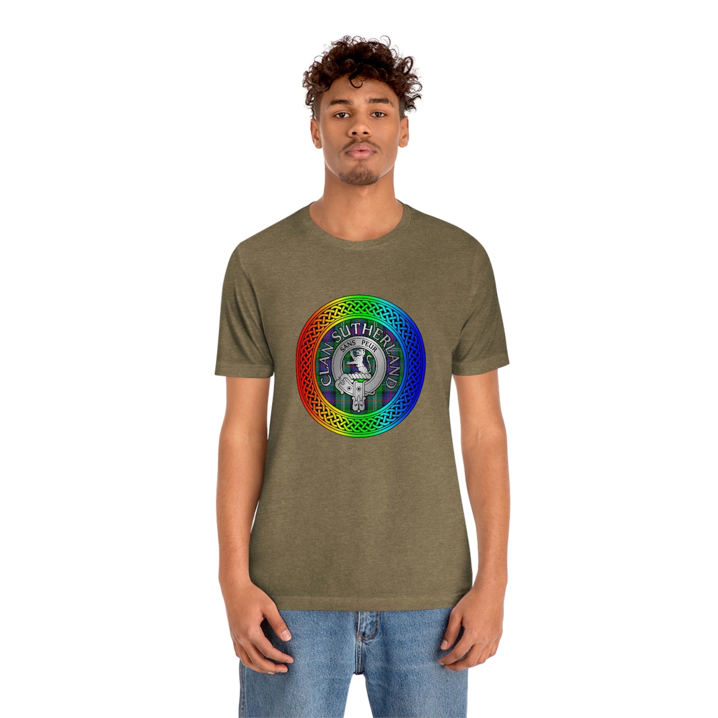 Clan Sutherland Crest & Tartan in Rainbow Knot T-Shirt