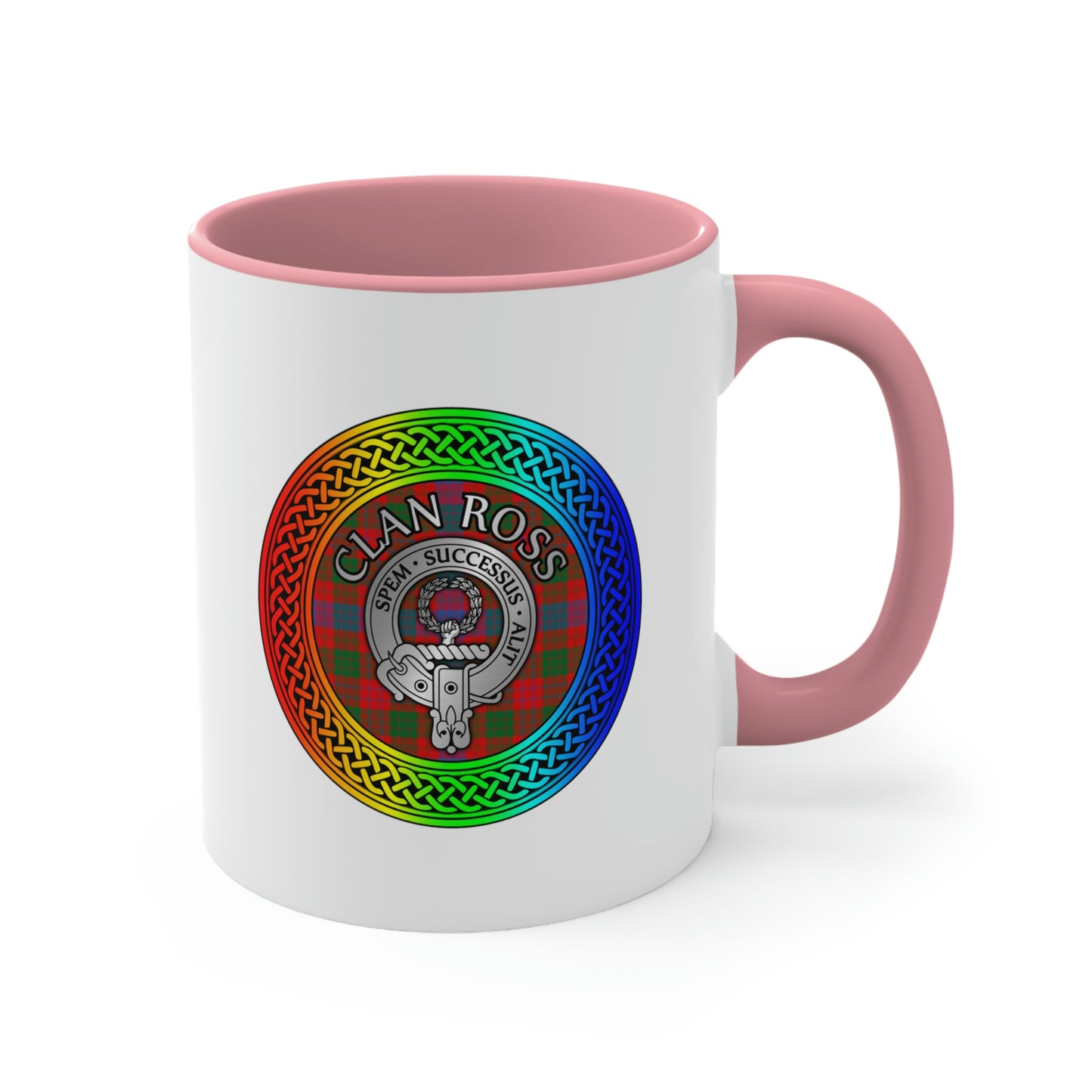 Clan Ross Crest & Tartan Rainbow Knot Accent Coffee Mug, 11oz