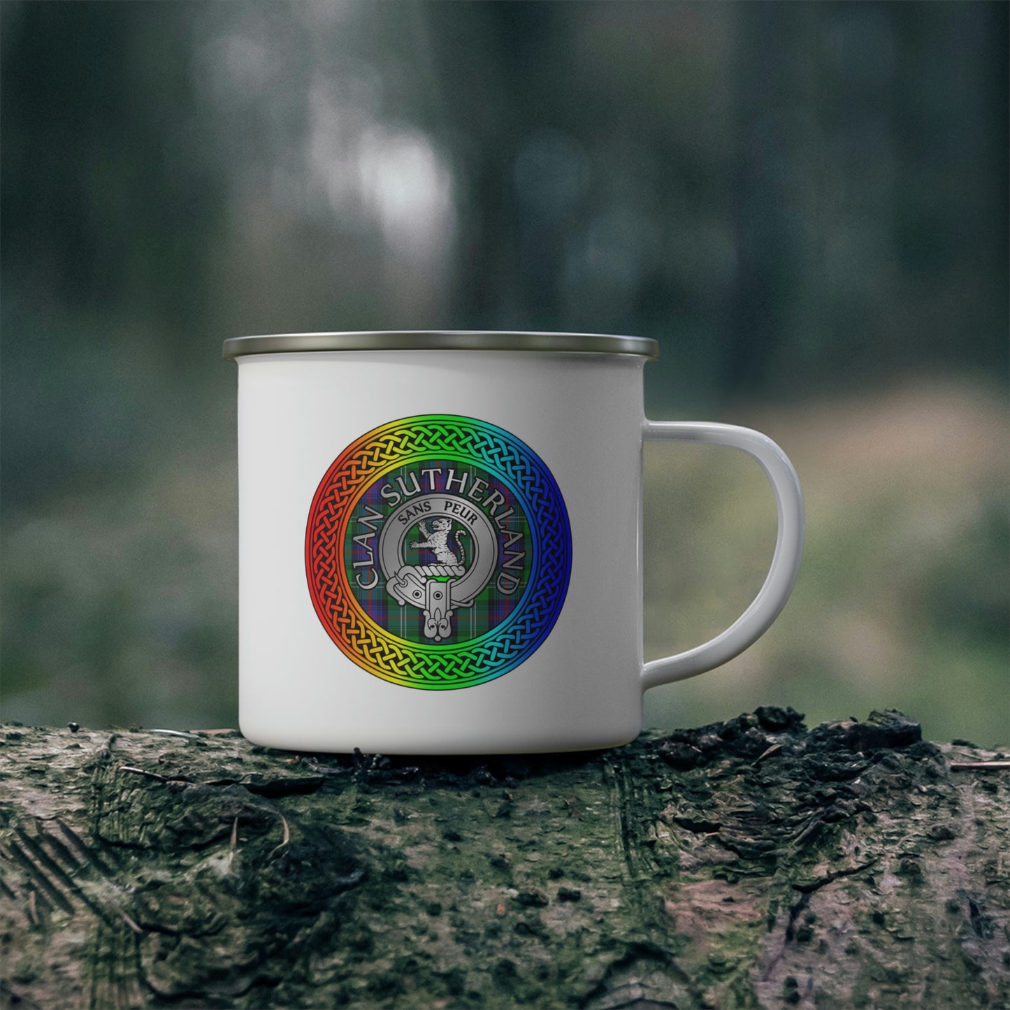 Clan Sutherland Rainbow Crest & Tartan Enamel Camping Mug