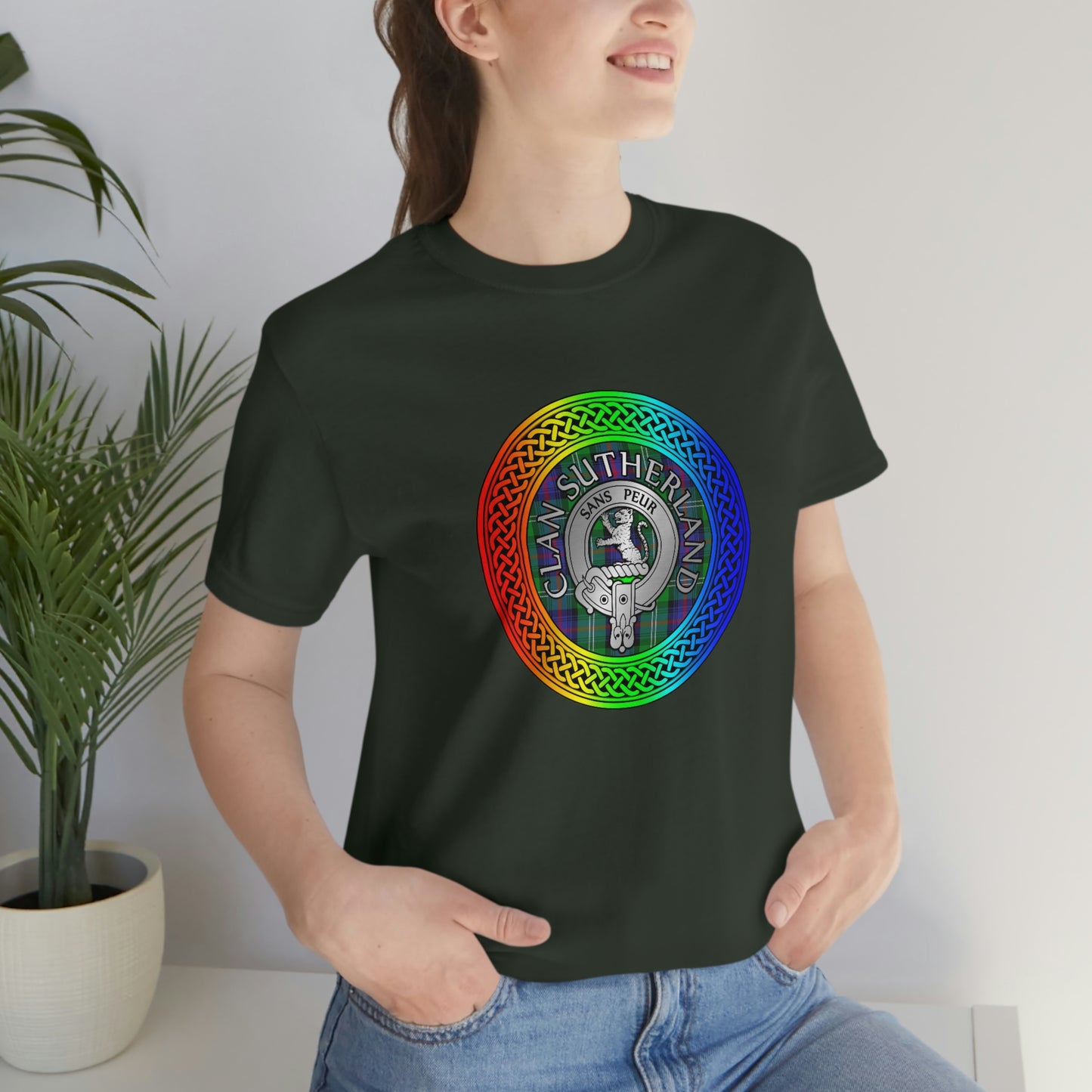 Clan Sutherland Crest & Tartan in Rainbow Knot T-Shirt