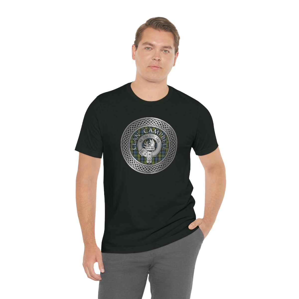 Clan Campbell Crest & Tartan in Celtic Knot T-Shirt