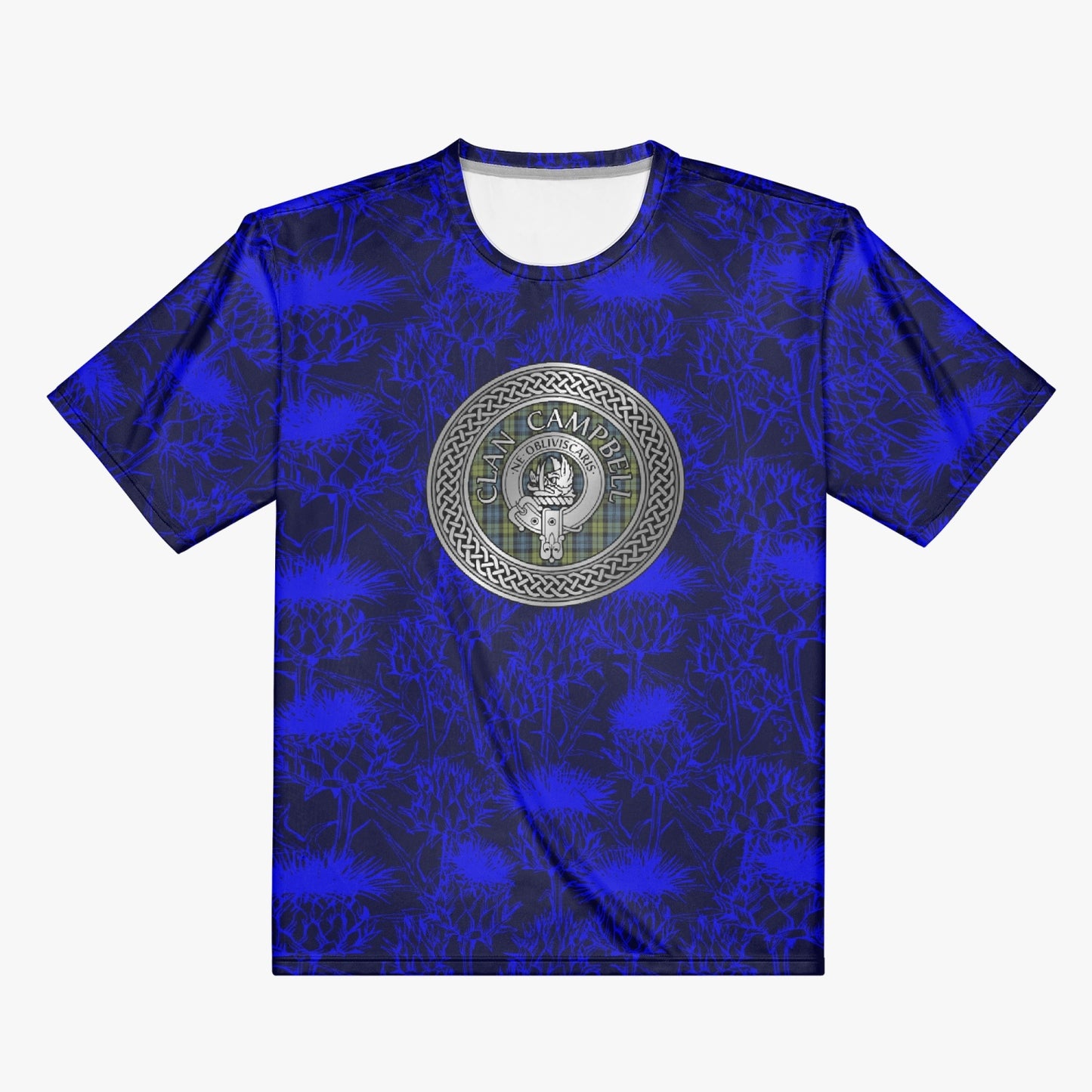 Clan Campbell Crest & Tartan on Scottish Thistle AOP Men T-shirt