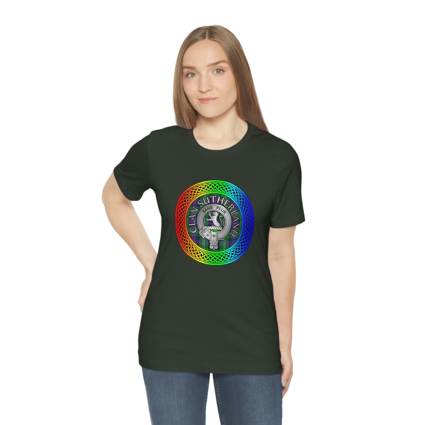 Clan Sutherland Crest & Tartan in Rainbow Knot T-Shirt