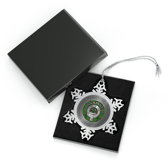Clan Kinnear Crest & Tartan Knot Pewter Snowflake Ornament