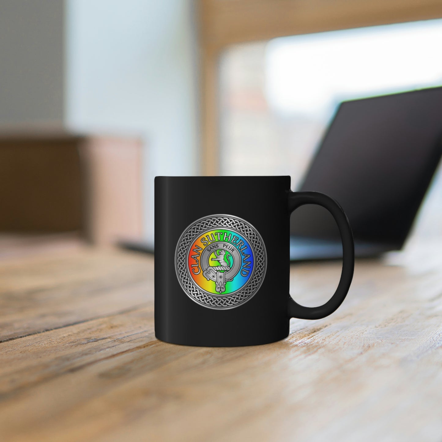 Clan Sutherland Crest & Rainbow 11oz Black Mug