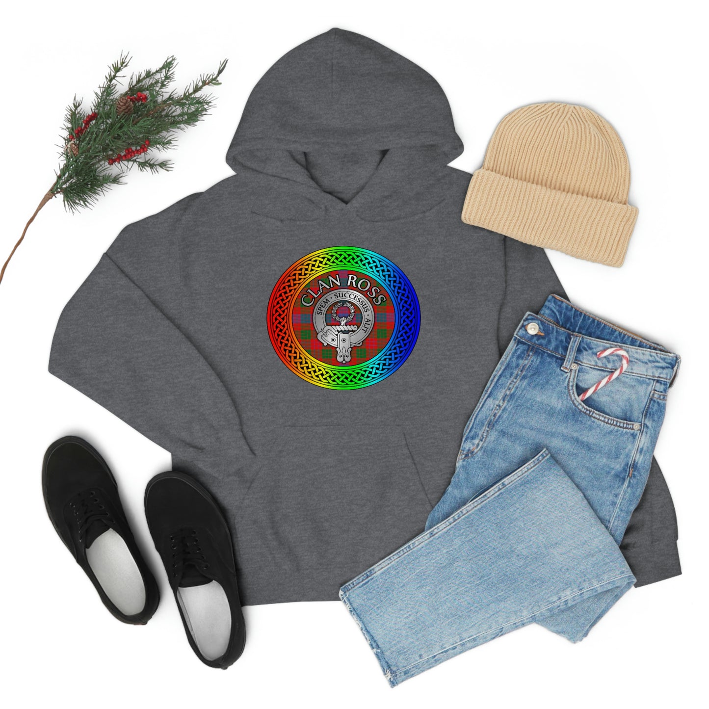 Clan Ross Crest & Tartan Rainbow Knot Unisex Heavy Blend™ Hooded Sweatshirt