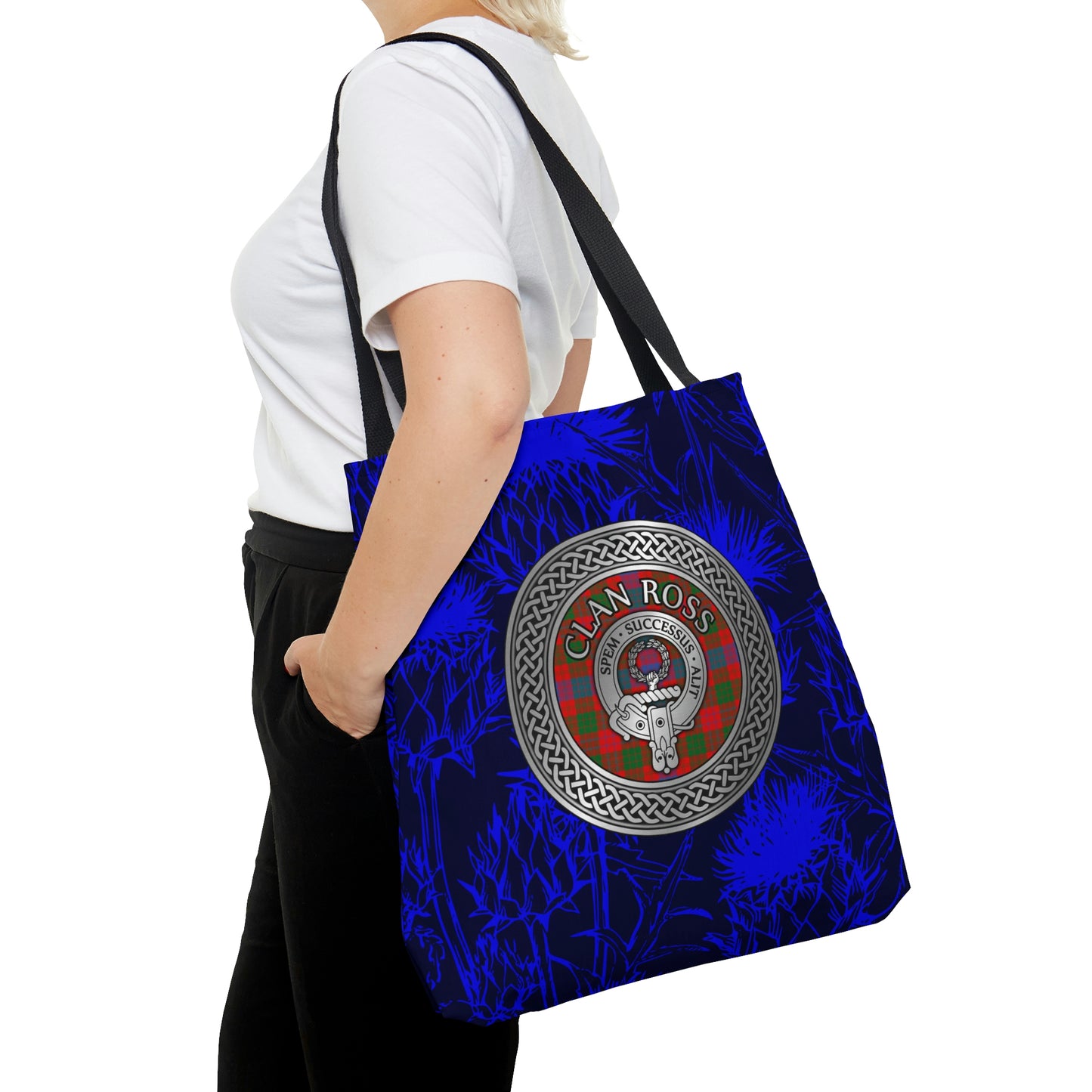 Clan Ross Crest & Tartan on Scottish Thistle AOP Tote Bag