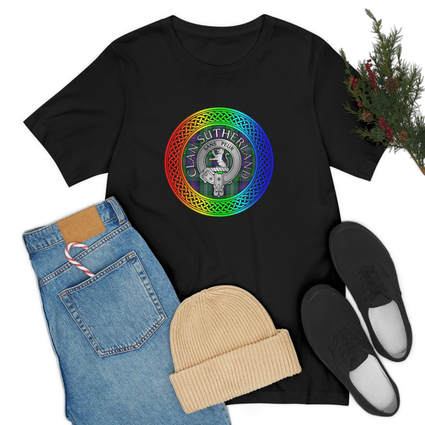 Clan Sutherland Crest & Tartan in Rainbow Knot T-Shirt