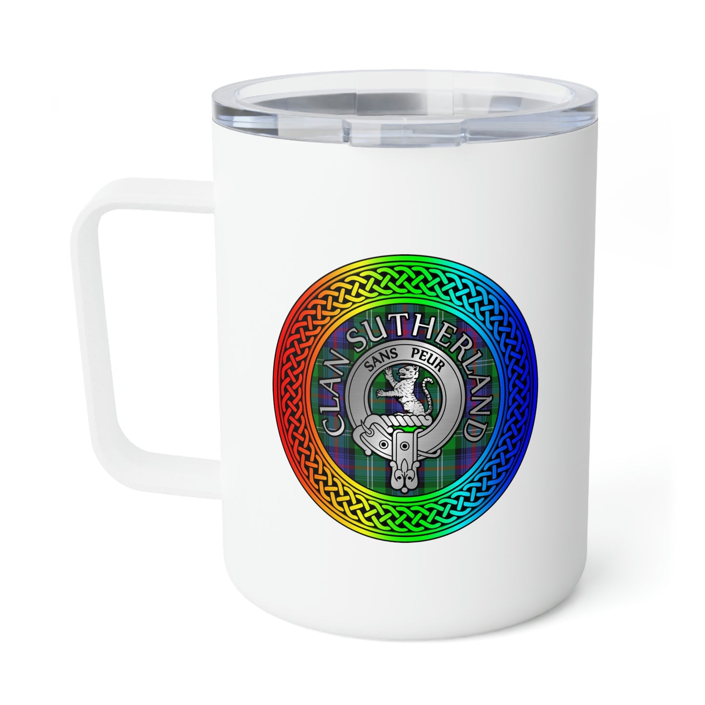 Clan Sutherland Rainbow Crest & Tartan Insulated Coffee Mug, 10oz