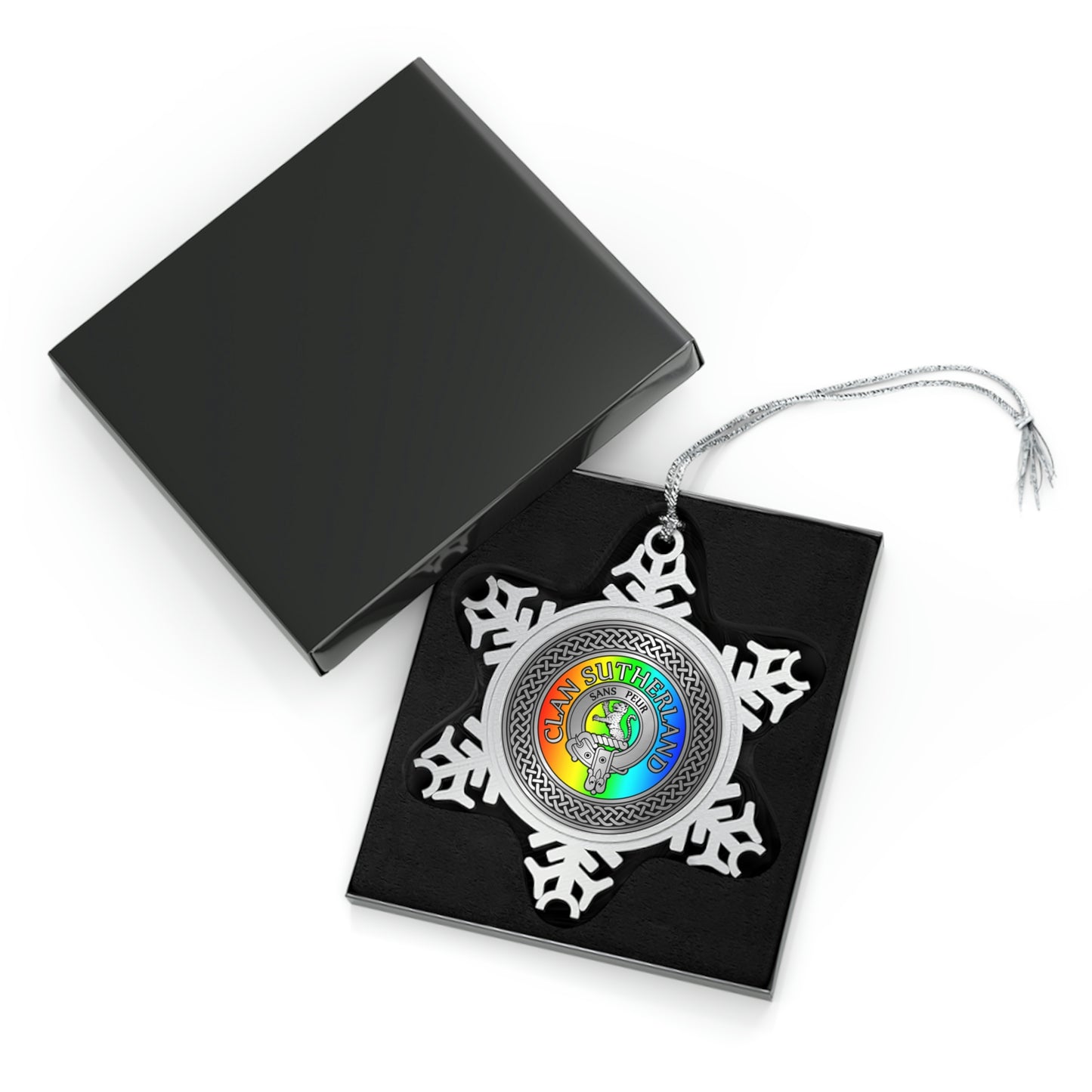 Clan Sutherland Crest & Rainbow Knot Pewter Snowflake Ornament