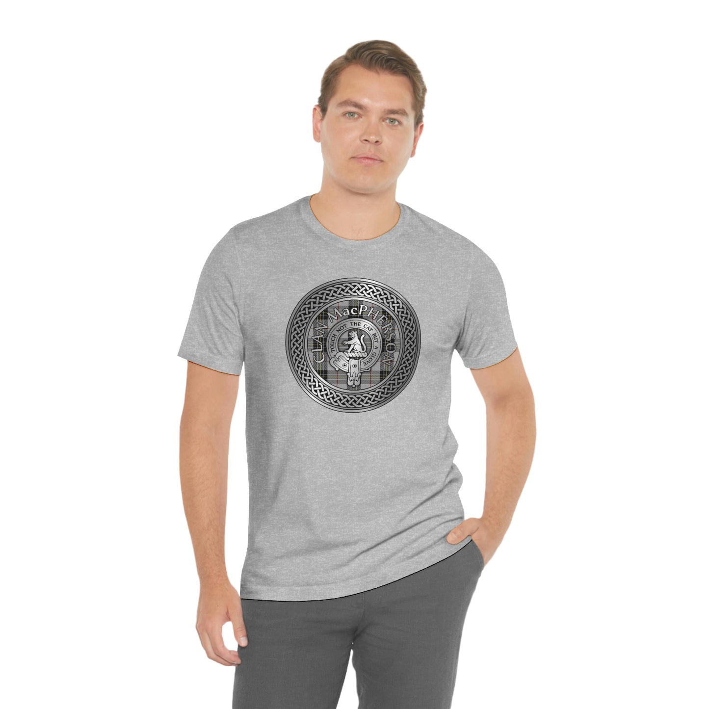 Clan MacPherson Tartan & Crest in Celtic Knot T-Shirt