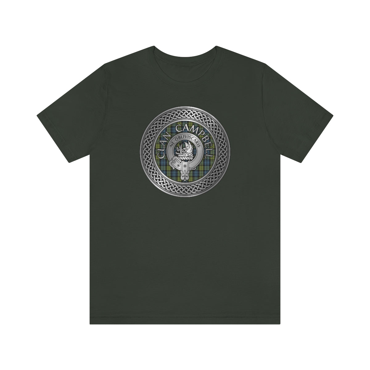 Clan Campbell Crest & Tartan in Celtic Knot T-Shirt