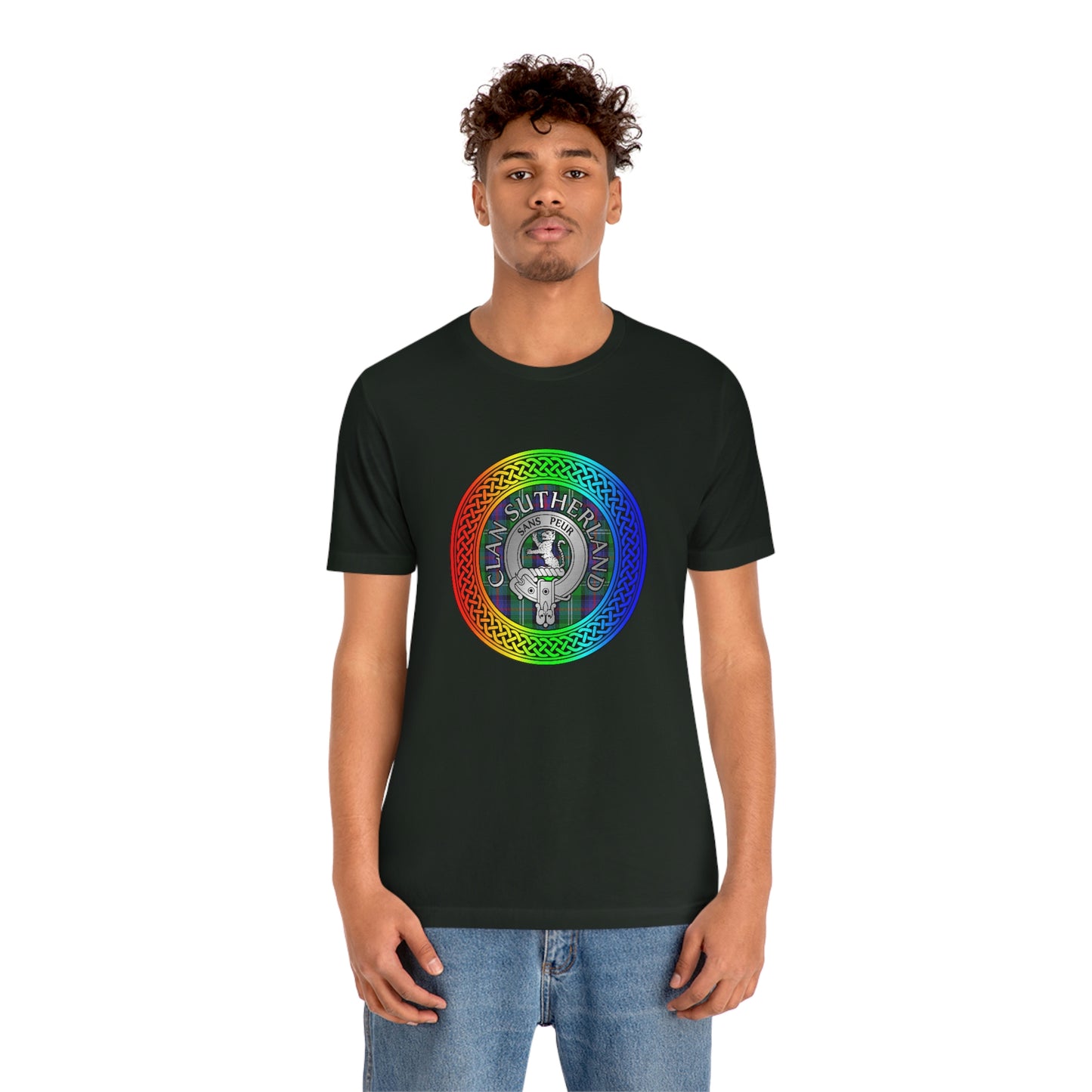 Clan Sutherland Crest & Tartan in Rainbow Knot T-Shirt