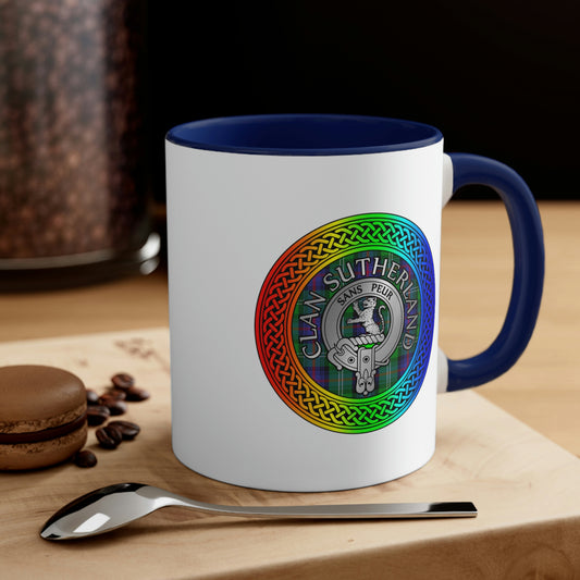 Clan Sutherland Rainbow Crest & Tartan Accent Coffee Mug, 11oz