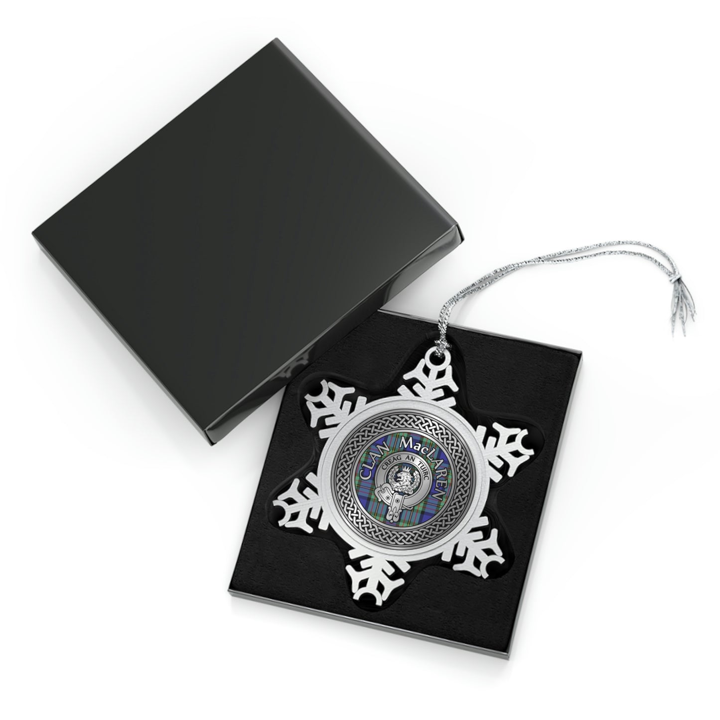 Clan MacLaren Crest & Tartan Knot Pewter Snowflake Ornament